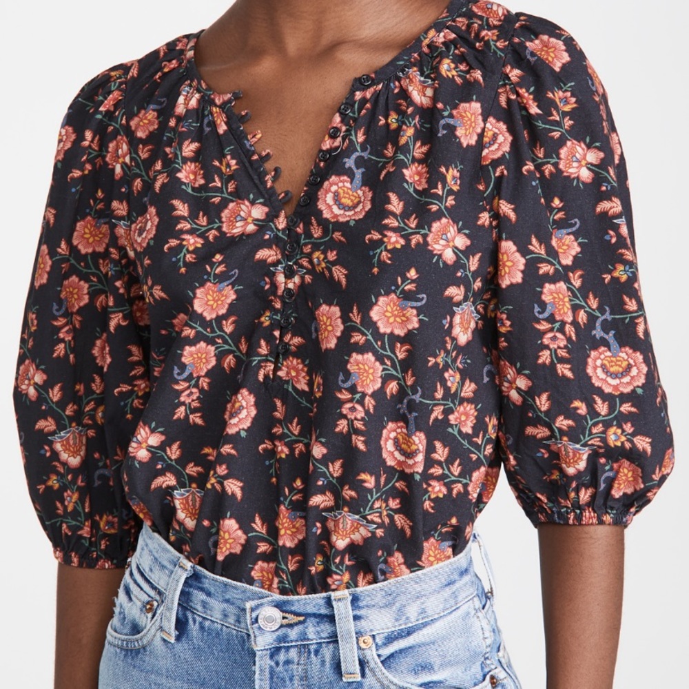 THE GREAT. The Racine Floral Blackish Navy and Pink Blouse